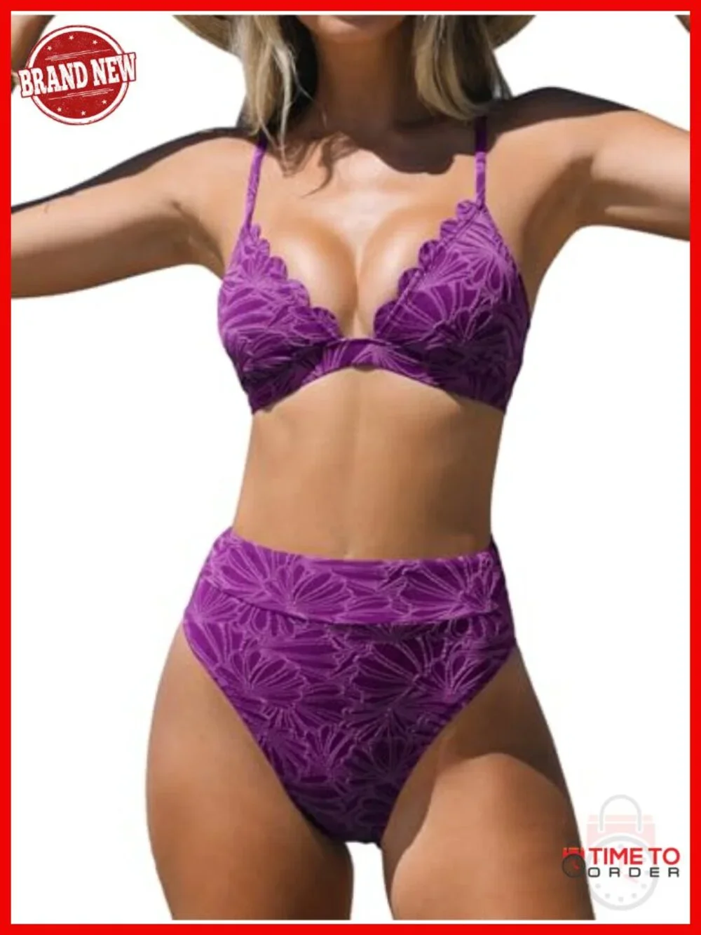 High Waisted Scalloped V Neck Two Piece Bikini Set with Removable Padding